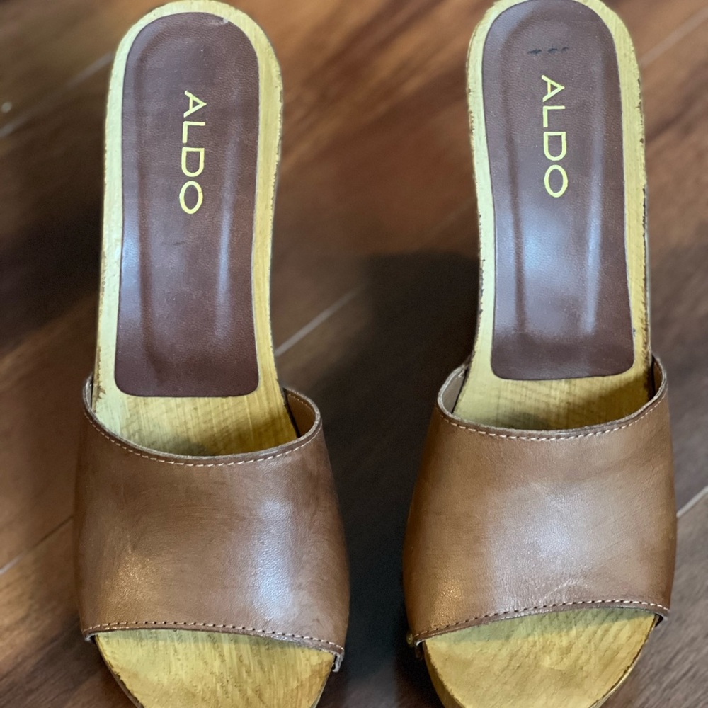 Brown leather studded wedge sandal